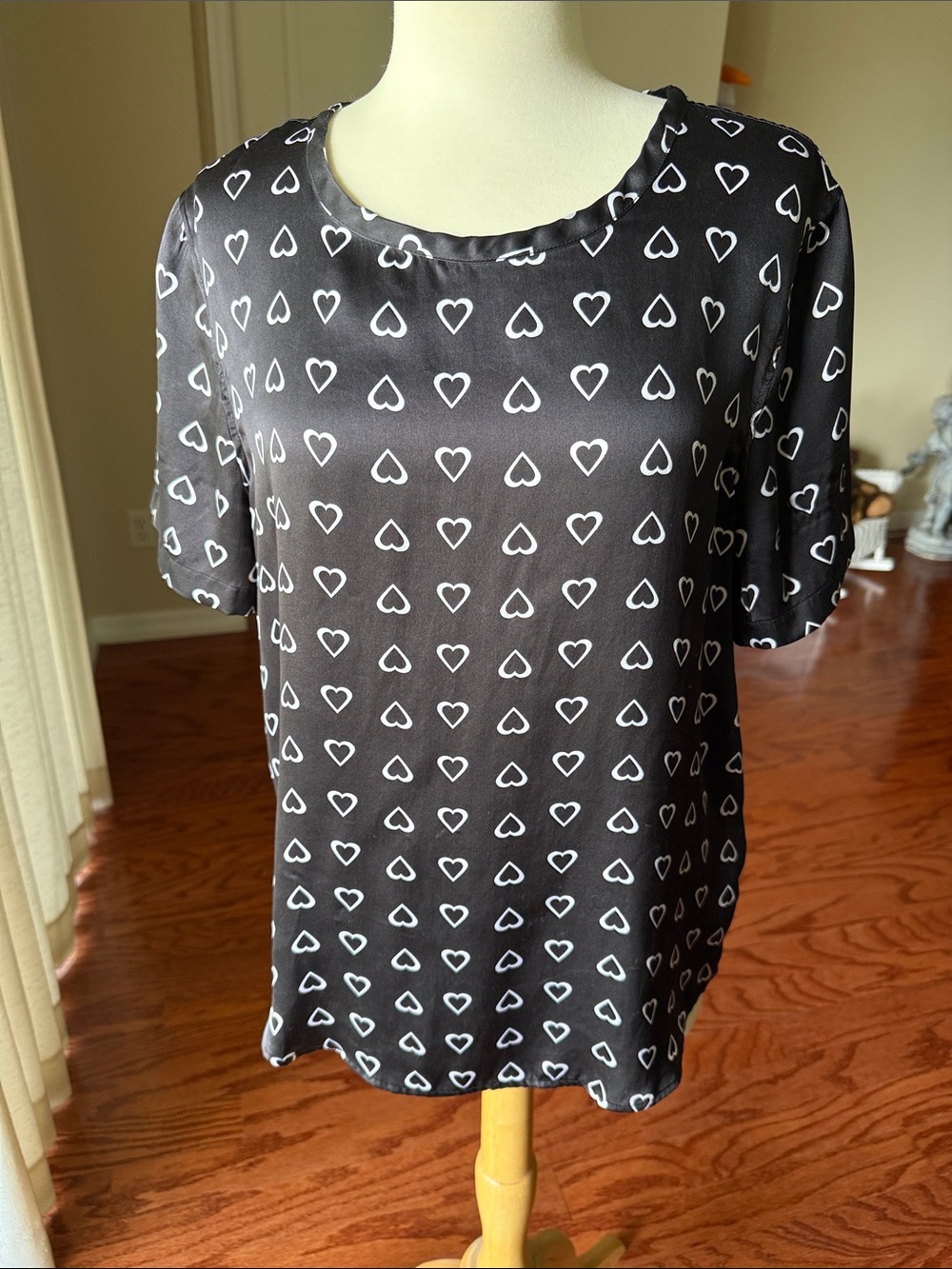 Equipment Black Silk Charmeuse Tee with White Heart Print Medium